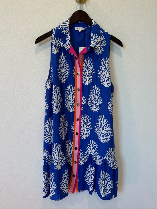 THML Blue Coral-Print Sleeveless Pleated Button Mini Dress Pink & Orange Trim - Picture 9 of 10